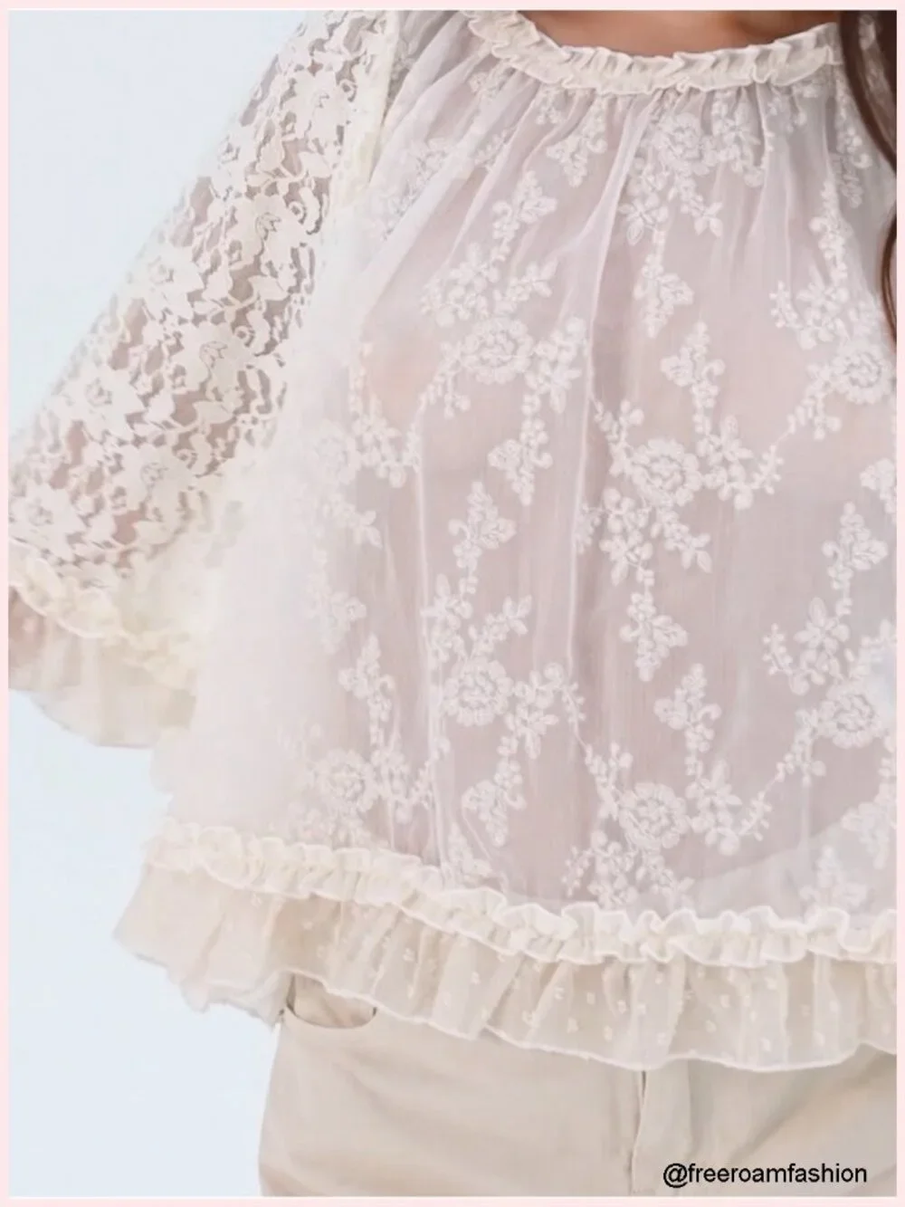 Boho Lace Sheer Flare Sleeve Cover Up Blouse Casual Beachwear